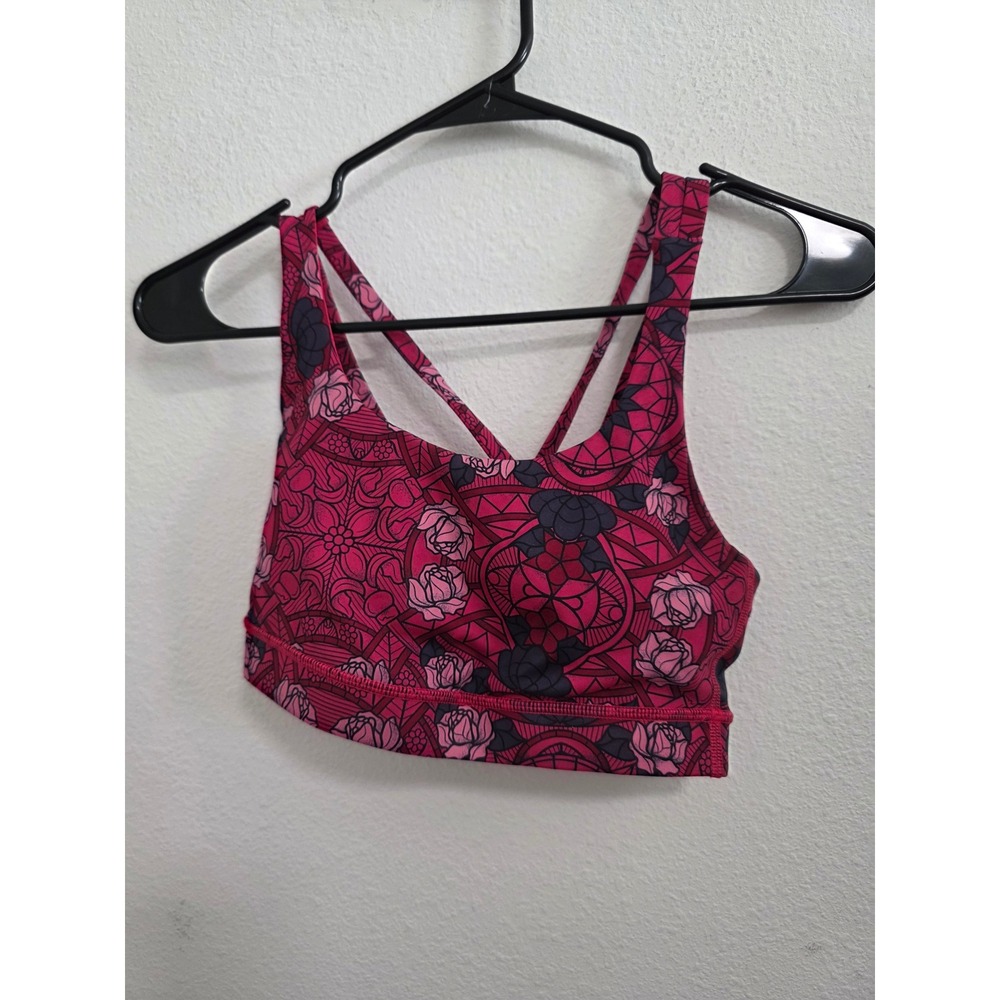 Lululemon Energy Bra Stained Glass Rose Pink Black Floral Strappy Back Size 6